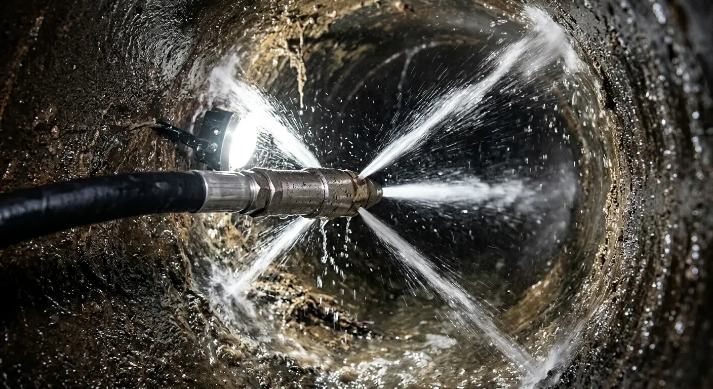 High-pressure hydro jetting nozzle cleaning sewer pipe for Emergency Drain Service in Lincoln