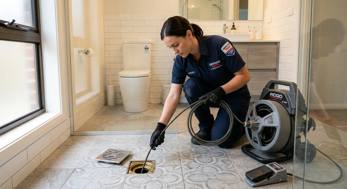 Technician clearing a bathroom floor drain for Clogged Drain Repair in Lincoln